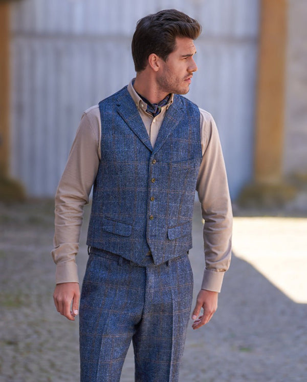 Harris Tweed Weste "Wales" in grey-blue herringbone