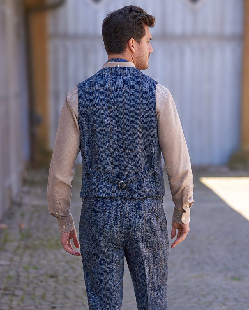 Harris Tweed Weste ''Wales'' in grey - blue herringbone - Wellington of Bilmore