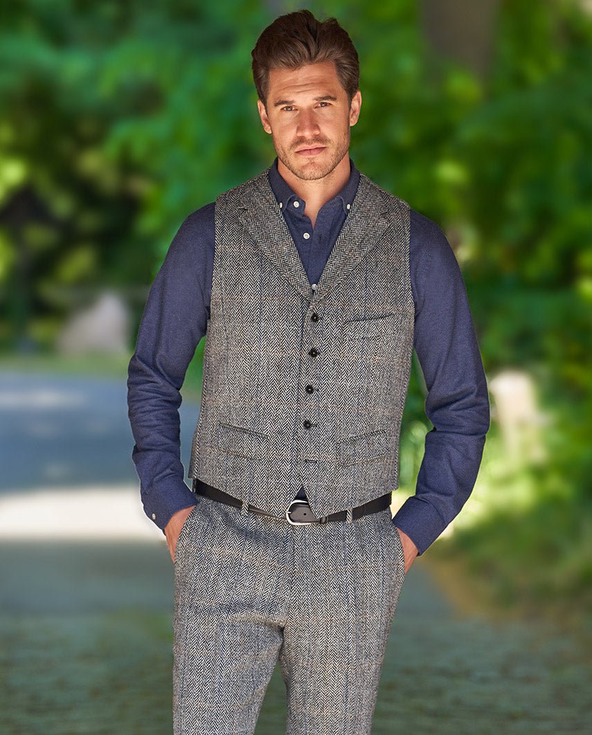 Harris Tweed Weste ''Wales'' in grey herringbone - Wellington of Bilmore