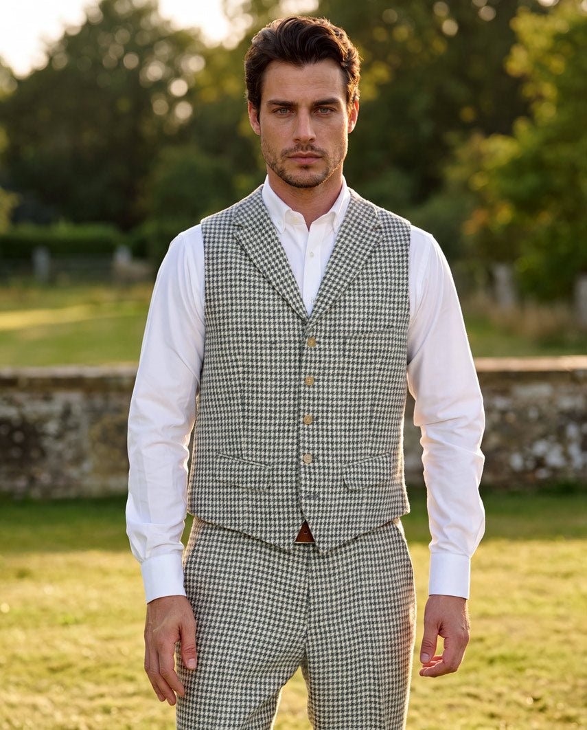 Harris Tweed Weste "Wales" in in grey-cream houndstooth - Wellington of Bilmore