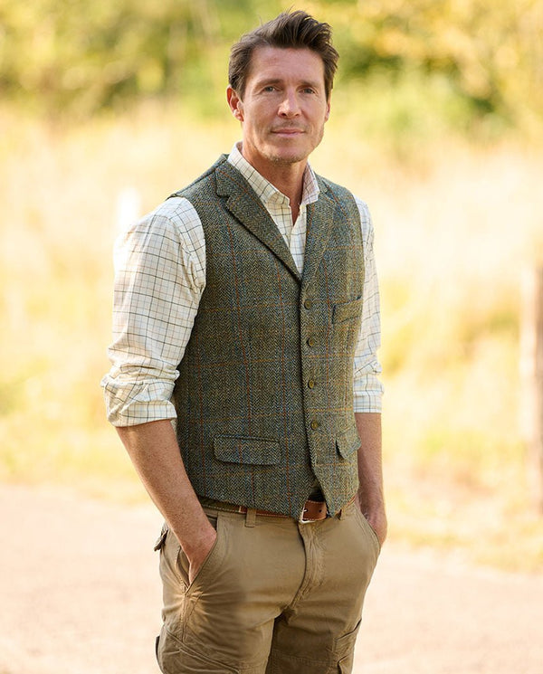 Harris Tweed Weste "Wales" in oliv-blue Overcheck