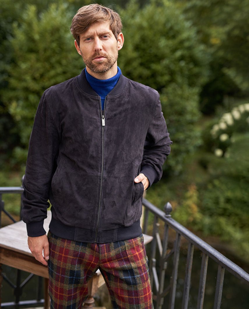 Herren Lederblouson ”Bomber” aus Ziegenvelours in navy - Wellington of Bilmore