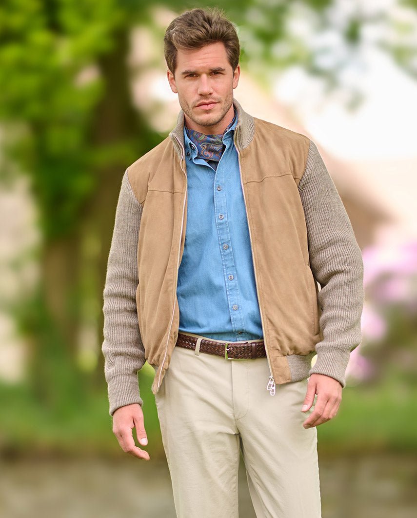 Herren Lederjacke ‚,Nicolas‘' aus Ziegenvelours & Strick in Sand - Wellington of Bilmore