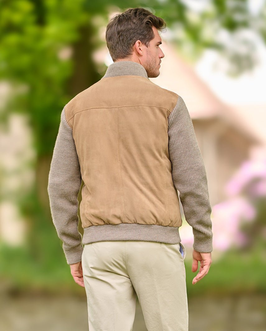Herren Lederjacke ‚,Nicolas‘' aus Ziegenvelours & Strick in Sand - Wellington of Bilmore