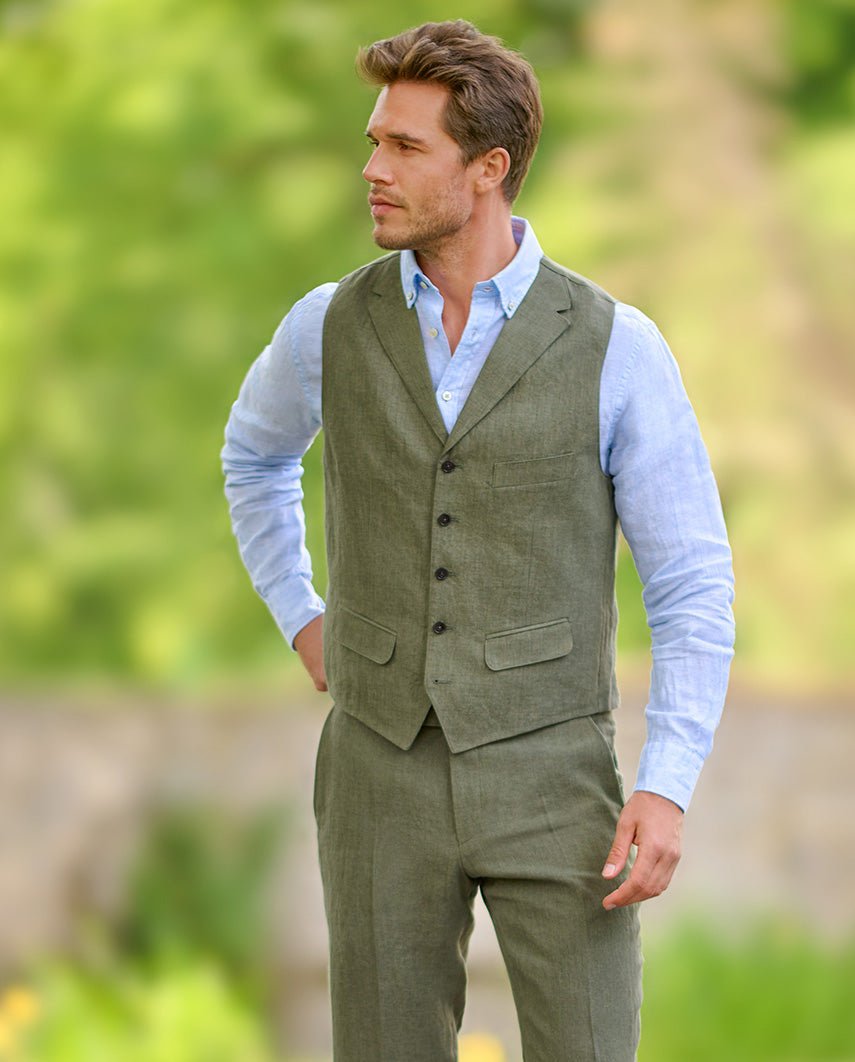 Herren Leinenweste ''Wales'' in oliv - Wellington of Bilmore
