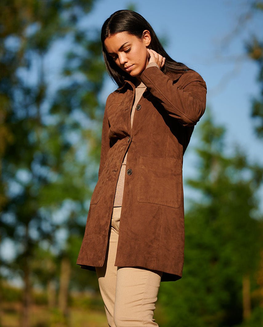 Ledermantel ''Lynn'' aus Ziegenvelours in schokobraun - Wellington of Bilmore