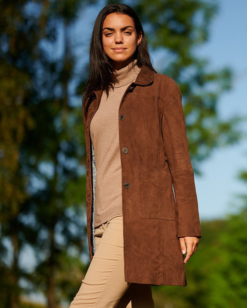 Ledermantel ''Lynn'' aus Ziegenvelours in schokobraun - Wellington of Bilmore