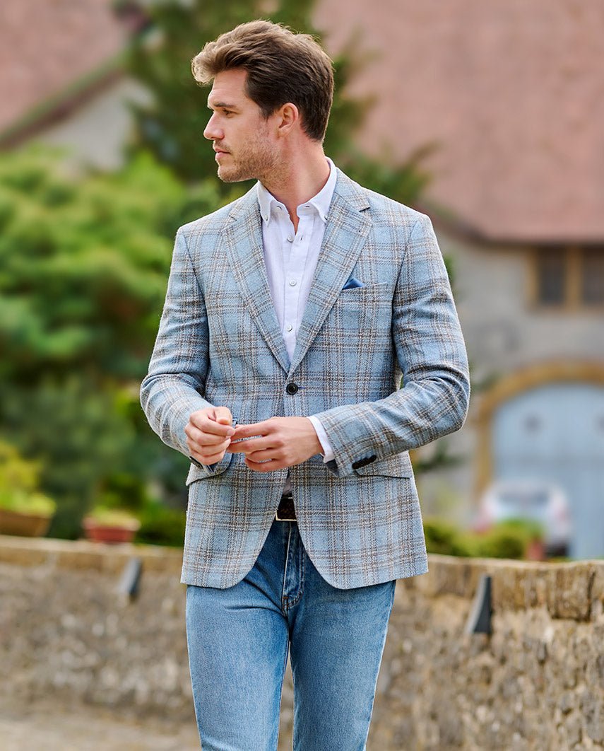 Leichtes Sommersakko ''London'' aus Schurwoll - Mix in light blue check - Wellington of Bilmore