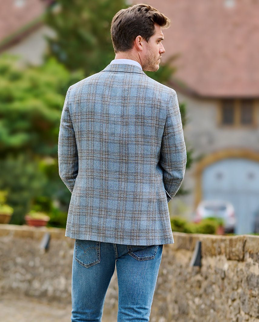 Leichtes Sommersakko ''London'' aus Schurwoll - Mix in light blue check - Wellington of Bilmore