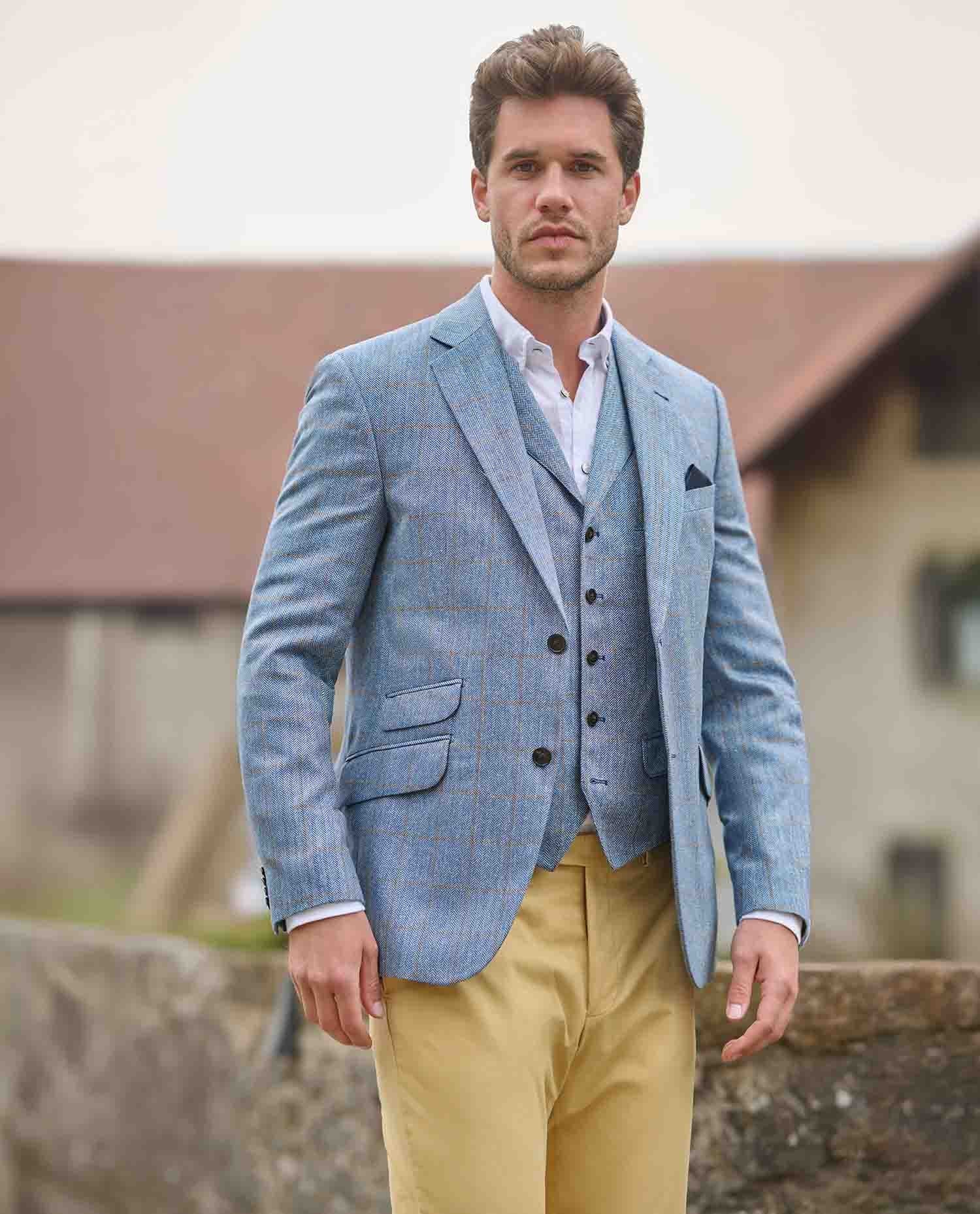 Sommersakko ''London'' aus Seide in light blue check - Wellington of Bilmore