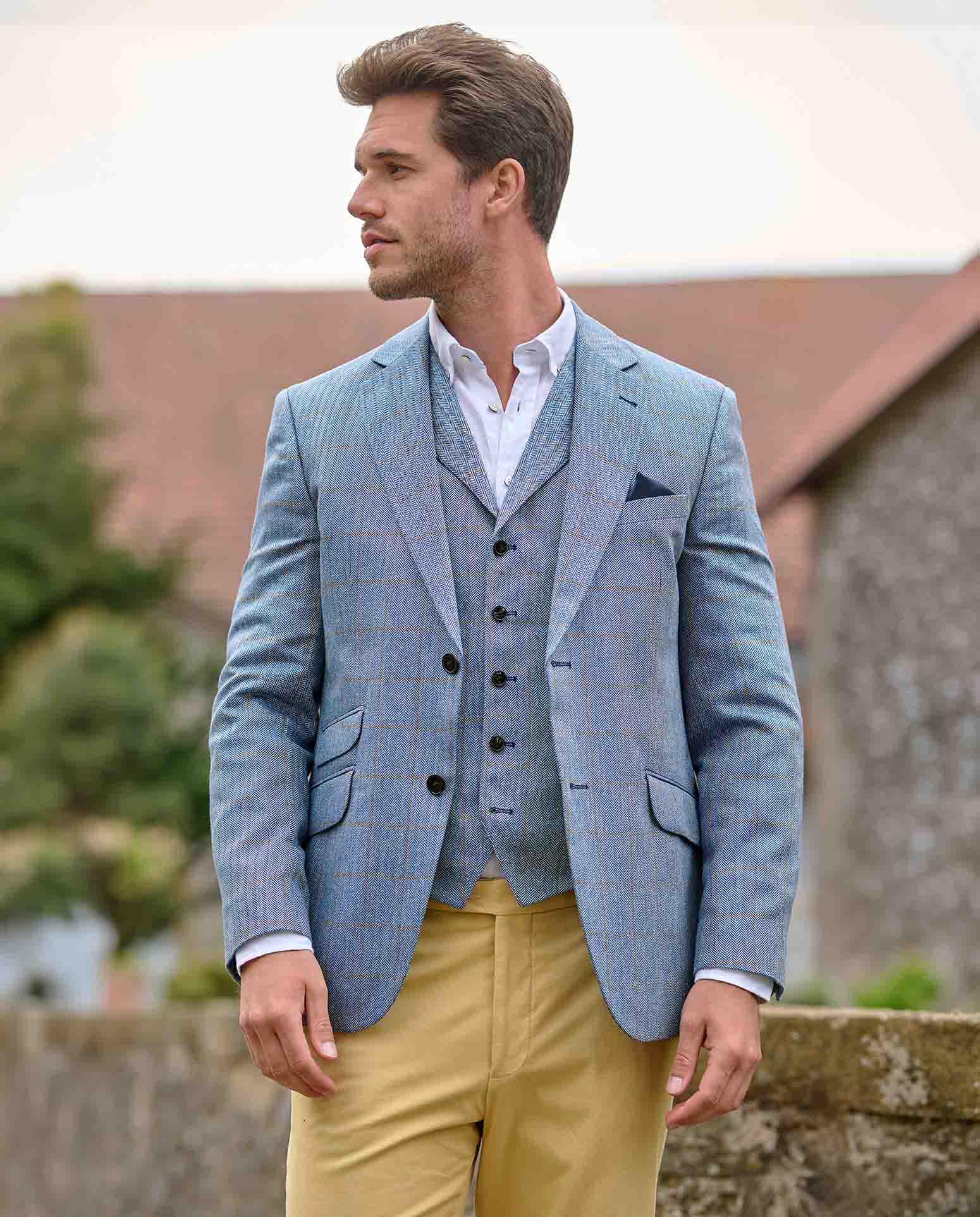 Sommersakko ''London'' aus Seide in light blue check - Wellington of Bilmore