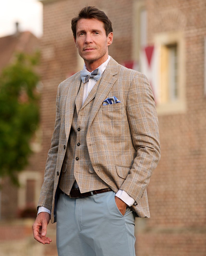 Sommersakko ''London'' im beige - blauem Glencheck aus Seide - Wellington of Bilmore