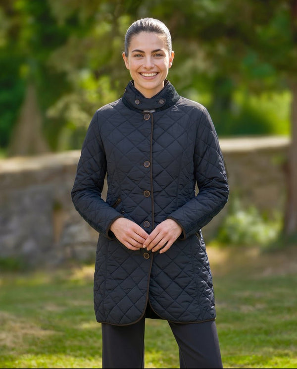 "Gabby" quilted coat with tweed trim in navy