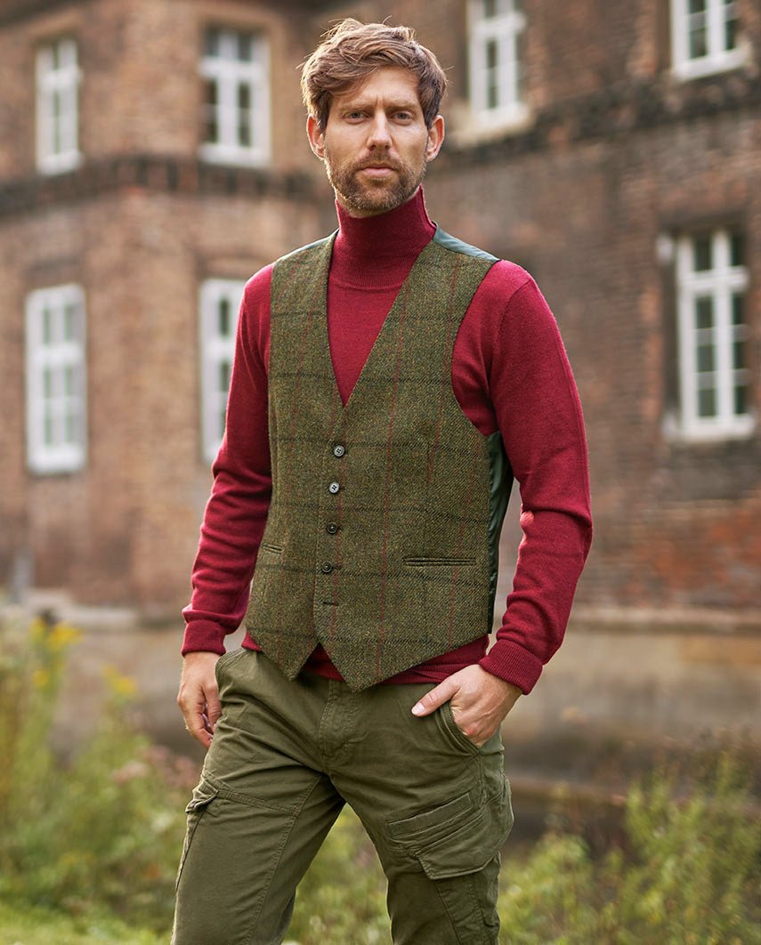 Tailor - Harris Tweed Weste mit Seidenrücken in "Green Overcheck" - Wellington of Bilmore