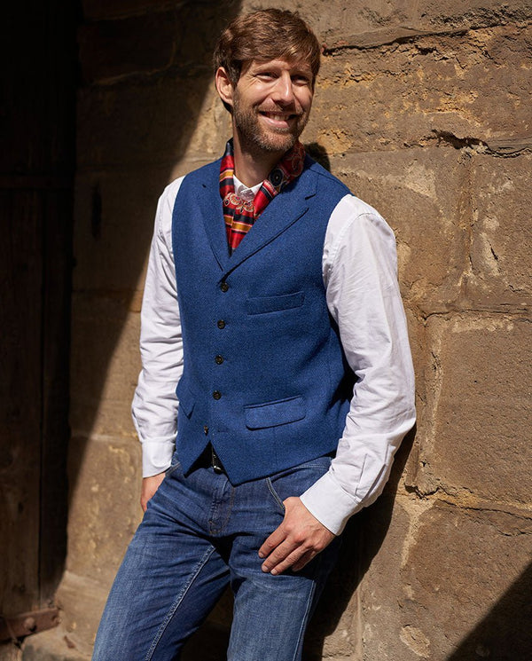 Wales - blue Harris Tweed waistcoat with collar